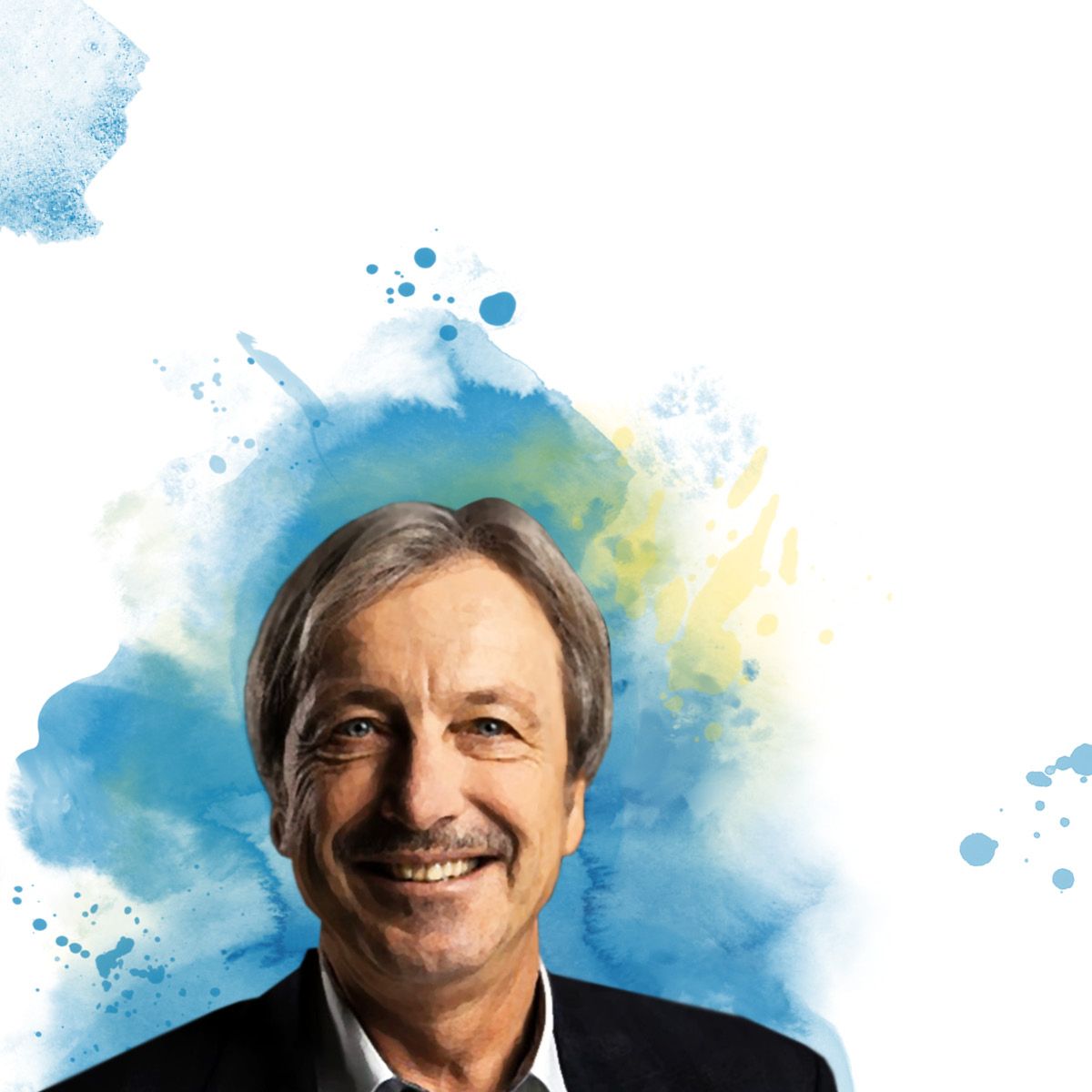 Portrait von Hans Wachter mit Wasserfarben im Hintergrund
