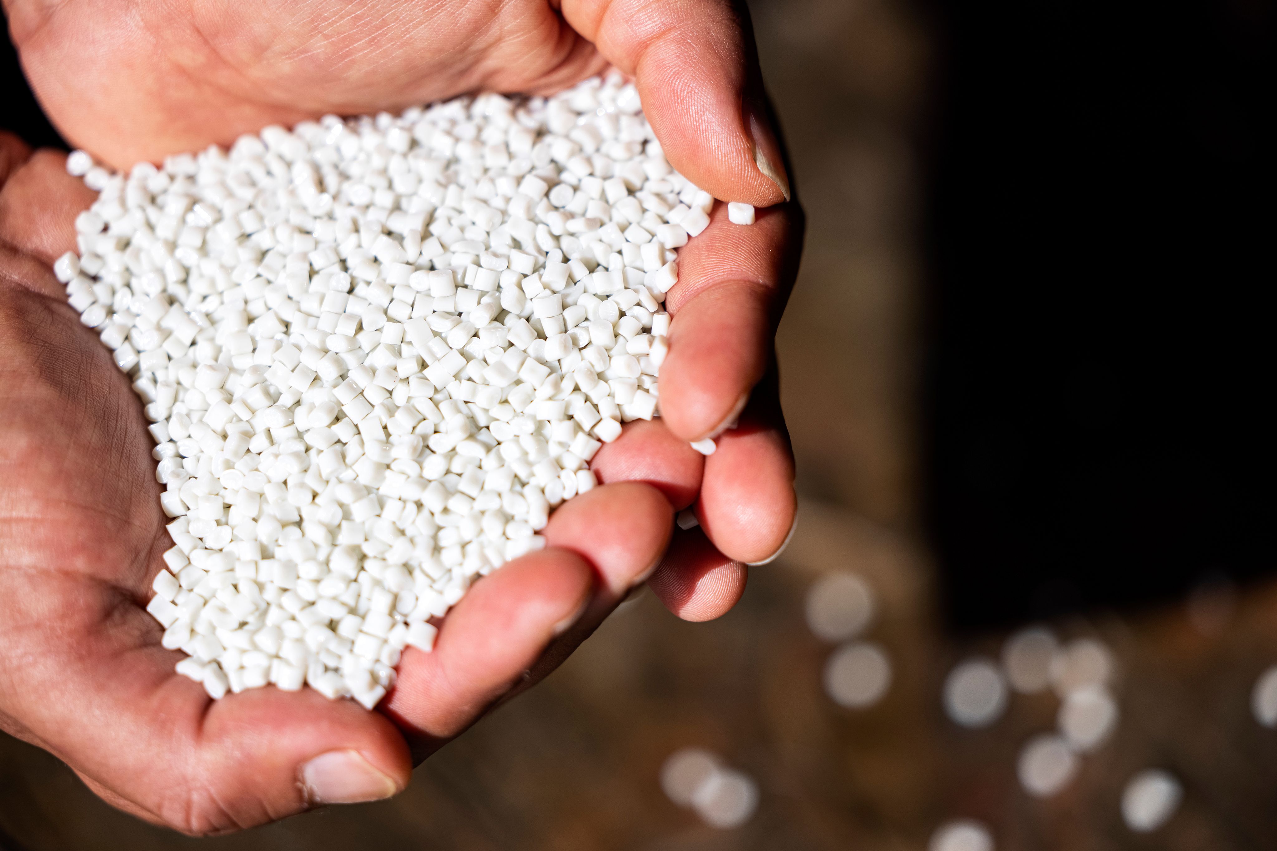 Two hands holding PET chips made from used PET bottles