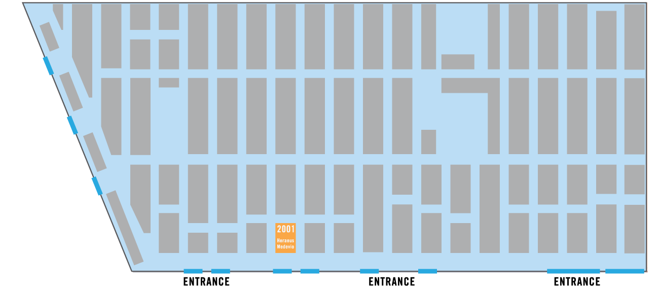 Map of Anaheim Convention Center for MD&M West showing location of the Heraeus Medevio booth, #2001.