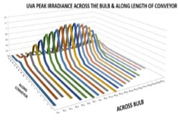 図6 バルブとコンベアの長さ方向のUVAのピーク照度（画像提供：ジェントン・インターナショナル）